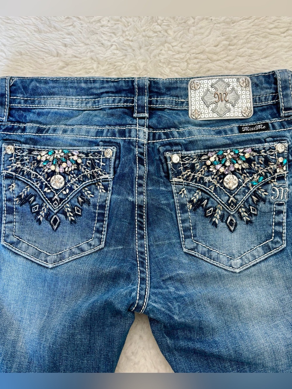 Miss Me Mid rise Blue Embellished Bootcut Jeans size 30